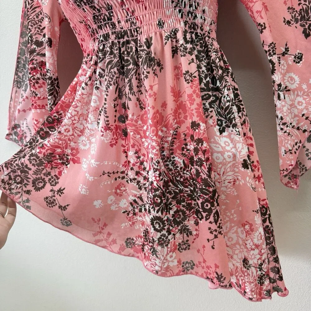 Vtg Y2K Fairy Top Size M Smocked Asymmetric Bell Sleeve Whimsi Ethereal Dainty - Picture 6 of 12